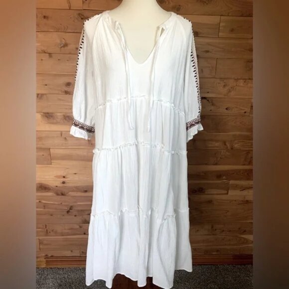 En Creme White Midi Dress with Embroidered Sleeves Size L - Picture 1 of 6